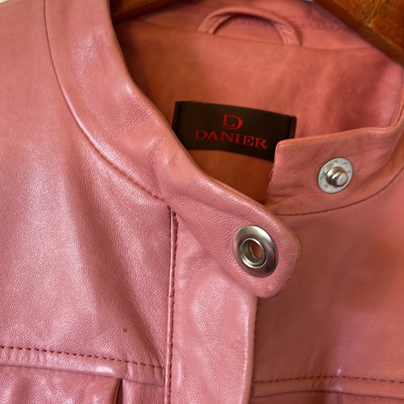 Danier pink leather jacket.  Lightly worn.    Marks as detailed in photos.  XS - Picture 7 of 9